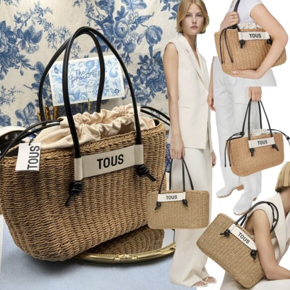 🆕 TOUS 🧿 NWT Large Scoubidou Tote Bag, Black & Raffia